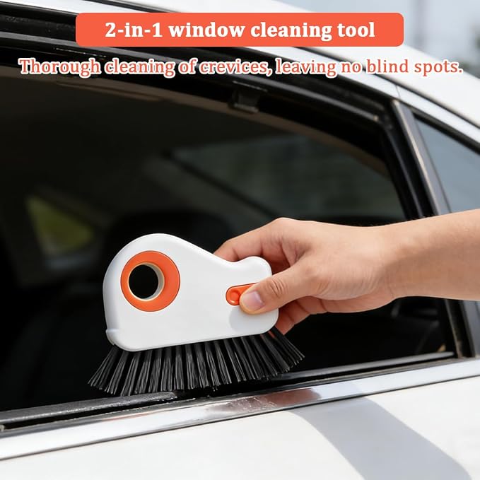 2PCS Car 2 in 1 Groove Cleaning Brush, Multifunctional Vehicle Window Track Cleaner Tool with Hidden Scraper, Auto Crevice Gap Grout Scrub Brush for Sliding Door Track, Universal Fit (Orange)