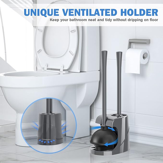 TRENTI Toilet Plunger and Brush with Holder, Bowl Brush and Heavy Duty Toilet Plunger Set for 5.7-inch Toilet Drain, 2-in-1 Bathroom Cleaning Combo with Modern Caddy Stand (Gray) | Toilet Plunger and Brush with Holder, Bowl Brush and Heavy Duty Toilet ...