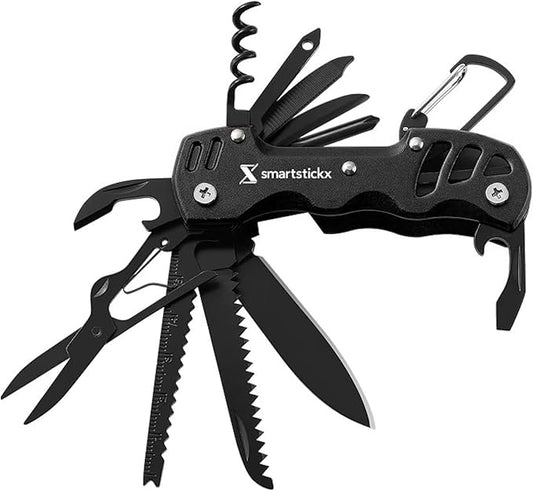16-in-1 Black Swiss Army Knife – Military Grade Steel Multitool | Fish Scaler, Bottle Opener, Scissors, Saw, Screwdrivers, Keychain Ring, Anti-Oxidation Coating, Compact EDC Pocket Size