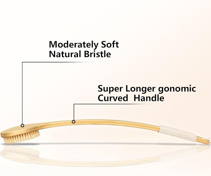 Back Scrubber Brush for Shower, 22" Curved Long Bamboo Handle Shower Brush, Antiskid Body Bath Brushes for Back Dry/Wet Brushing, Moderately Soft Natural Bristle Body Brush for Showering (Beige)