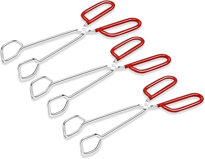Hiash 10-Inch Heavy Duty Stainless Steel Kitchen Tongs - Non-Slip Comfortable Red Grip, Scissor Design, Heat Resistant for BBQ and Cooking, Set of 3