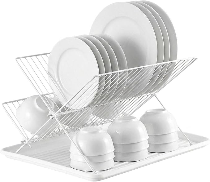 White Foldable 2-Tier Dish Rack - Heavy-Duty Metal Drying Rack with Removable Drip Tray, Collapsible Kitchen Sink Organizer for Plates, Bowls, Cups & Utensils