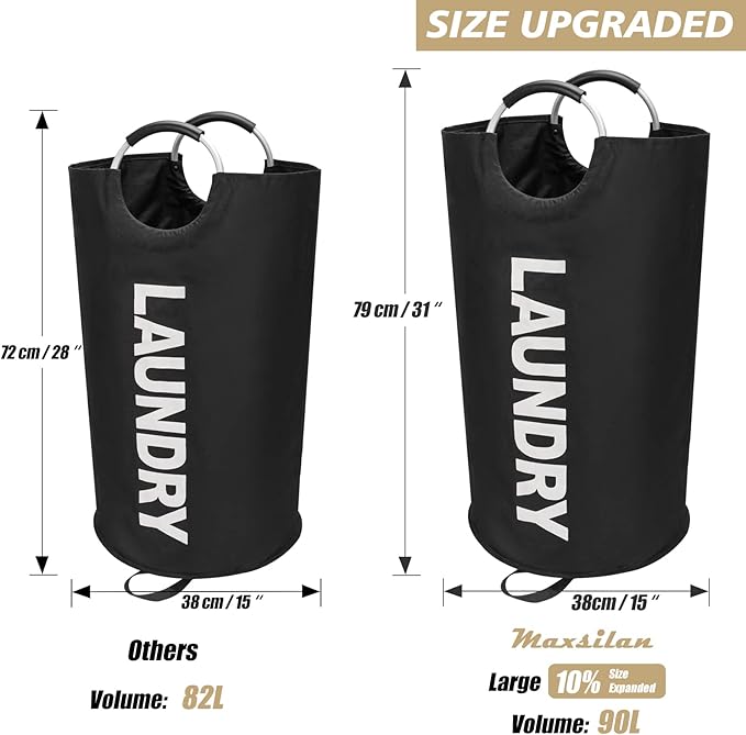 Maxsilan 90L Large Laundry Basket Bag, Collapsible Tall Hamper, Black | Freestanding tall laundry bag & foldable washing basket. Large capacity clothes storage bin with durable sturdy handles