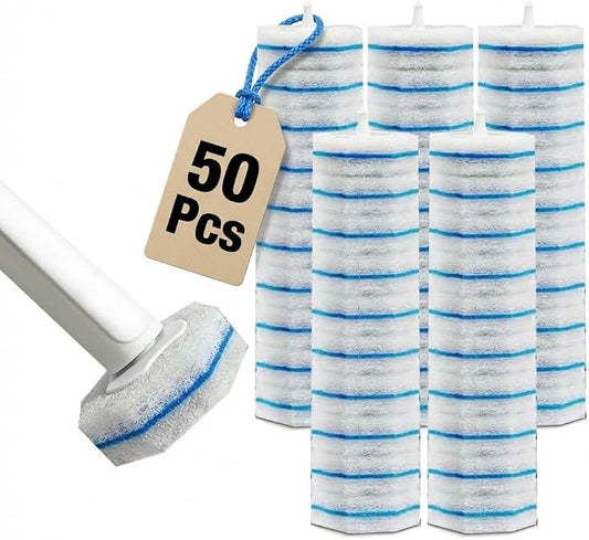 Disposable Toilet Brush Cleaning Supplies, Toilet Bowl Cleaner and Holder Set with 50 Toilet Wand Refill Pads, Bathroom Maintenance Wall Mounted Toilet Wand Kit (White+Blue)
