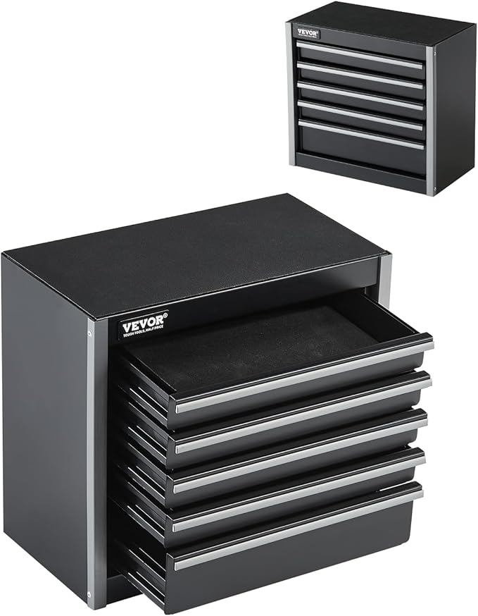 VEVOR Metal Tool Box, 8.6-inch, Portable Metal Tool Box with 5 Drawers, Small Tool Chest with EVA Liners and PP Feet Pads, Heavy-Duty Steel With Ball Bearing Opening and Powder Coated Finish, Black