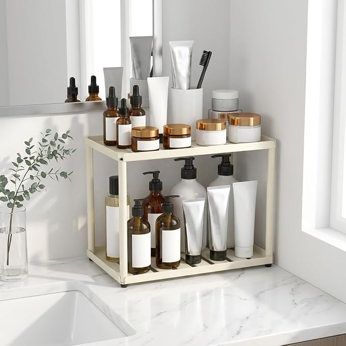 2 Tier Bathroom Counter Organizer, Rectangular Vanity Organizer Shelf, Skincare and Makeup Countertop Storage Rack for Kitchen, Bathroom, Bedroom,White