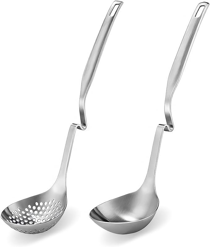 2 Pcs 12 Inch Stainless Steel Hot Pot Slotted Ladle Set, Soup Ladle Strainer Scoops Cooking Skimmer Utensil For Hotpot Scooping Sauce Serving