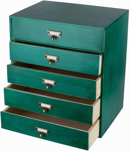 GoooodGift Wooden Drawers Large Wooden Box with Drawer, Green | 5 Drawer Wood Storage Box , Vintage Desktop Organizer with Drawers, Desk Organizers for Library Card Catalog Cabinet