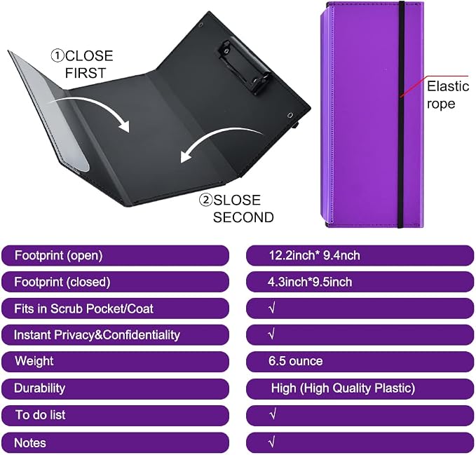 Vuzvuv Purple Foldable Nursing Clipboard Nurse Clip Board-1pcs 3 Layers | Sturdy Lightweight Plastic, Fits Pockets/Bags, Built-In Medical Cheat Sheets, for Nurses, Doctors, Medical Students