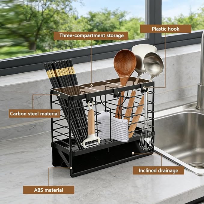 Stainless Steel Utensil Holder, Utensil Drying Rack with Drain Tray, 3 Compartments Kitchen Counter Drainer Basket Cutlery Organizer for Forks, Chopsticks, Spoons(Color:Black)