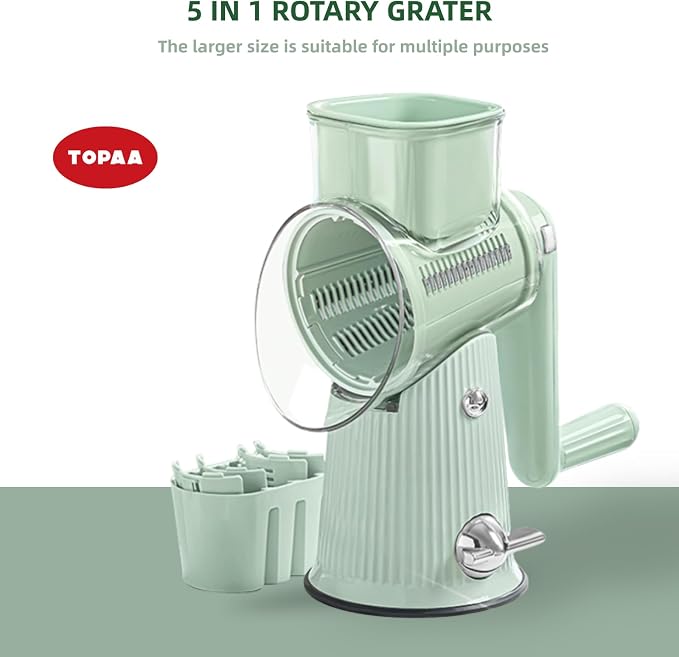 Rotary Cheese Grater with Handle - Vegetable Shredder with 5 Blades & Strong Suction Base, Round Slicer & Food Chopper for Kitchen (Green)