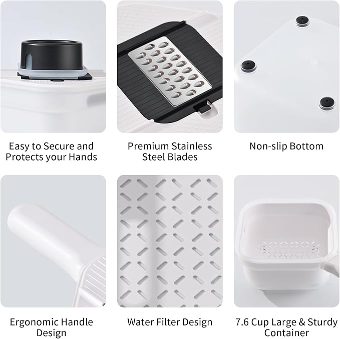 Vegetable Chopper, 3 Blade Veggie Chopper with 7.6 Cup Container, Mandoline Slicer Fruit Cutter with Strainer Basket & Safety Holder, BPA & PFAS Free Food Chopper for Onion Potato Carrot