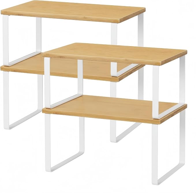 NEX Bamboo Kitchen Cabinet and Counter Shelf Organizer, Stackable & Expandable, Set of 4, White and Natural | Stackable Spice Rack, Pantry Organizers Space-Saving, Bathroom Countertop Storage, White and Natural