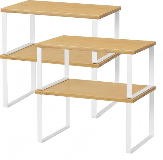 NEX Bamboo Kitchen Cabinet and Counter Shelf Organizer, Stackable & Expandable, Set of 4, White and Natural | Stackable Spice Rack, Pantry Organizers Space-Saving, Bathroom Countertop Storage, White and Natural