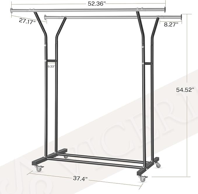 VICERII Clothing Rack, Heavy Duty Clothes Racks with Wheels and Bottom Shelf, 52.36’’ Metal Double Clothing Racks with Wheels, Wardrobe Rack for Hanging Clothes, Coats, Shirts, Skirts, Dresses, Black