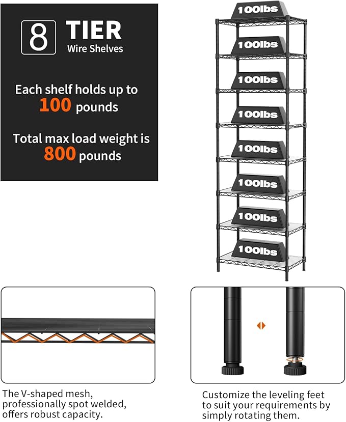 SINGAYE 8 Shelves Storage Wire Shelf Closet Metal Shelving Pantry Wheels | Shelf Bathroom Organizers Metal Kitchen Garage Shelving Unit Laundry Room Organization Home Rack Net Basket with Wheels