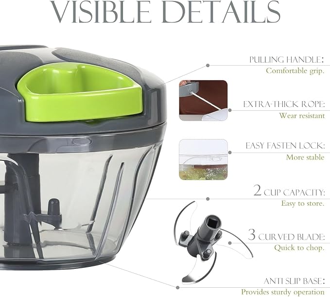 Manual Food Processor - Pull String Hand Chopper for Kitchen - Handheld Vegetable & Salad Cutter - Portable Garlic Mincer & Onion Dicer - Compact BPA-Free Stainless Steel Veggie Slicer - 500ml
