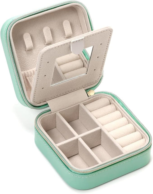 TRODANCE Jewelry Case with Mirror, Small Travel Jewelry Organizer, Portable Mini Storage Box for Rings, Earrings, Necklaces (Blue)