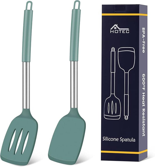 HOTEC Silicone Spatula Set of 2 Heat-Resistant 600°F & BPA-Free Kitchen SaptulaTurner with Stainless Steel Handles, Slotted & Solid Spatulas for Nonstick Cookware, 13.7 Inch, Sage Green
