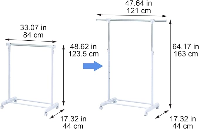 Adjustable Rolling Garment Rack 84-121cm Wide, Chrome White with Wheels | Sturdy steel, tool-free setup; height adjusts 123.5-163cm; smooth casters; ideal for bedroom, closet & laundry organization.