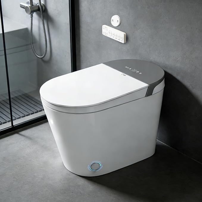 Smart Toilet with Tank Built in, Elongated One Piece Bidet Toilet with Voice Control, Auto Open/Close Lid, Powerful Auto Flush, Heated Seat, Instant Warm Water, Dryer, Foam Shield, Deodorization