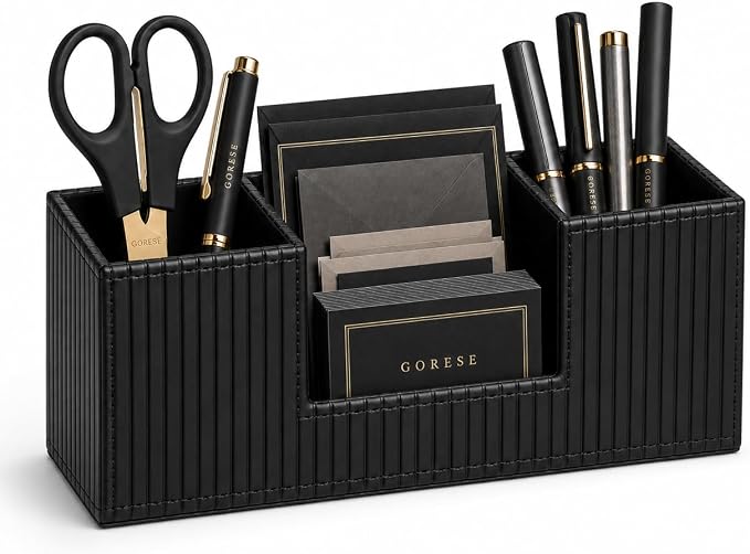 GORESE Pen Holder for Desk, PU Leather Desk Organizer for Office, Black | 4-Compartment, Vegan Leather, Office Supplies, Desk Caddy Nightstand Organizer for Pen, Pencil, Remote Control, Business Card
