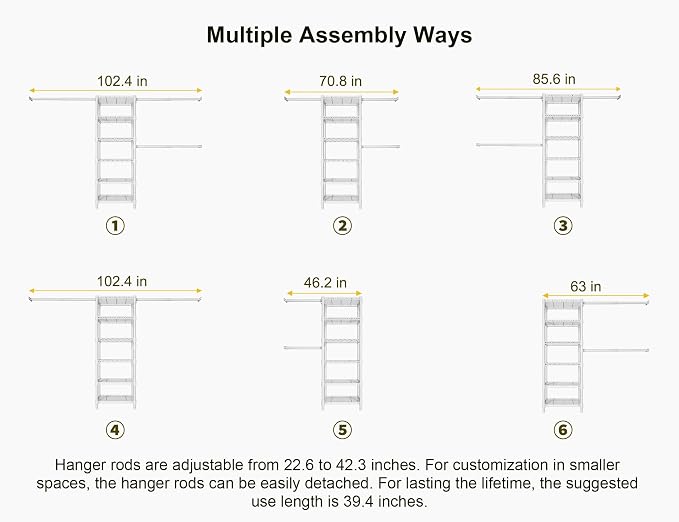 Ulif M5 Wall Mounted Clothes Garment Rack, Heavy Duty Closet Storage and Organizer with 6 Shelves and 3 Expandable Hanger Rods, Space Saver Suit (46.2-102.4)" W x 14" D x 83.1" H, White