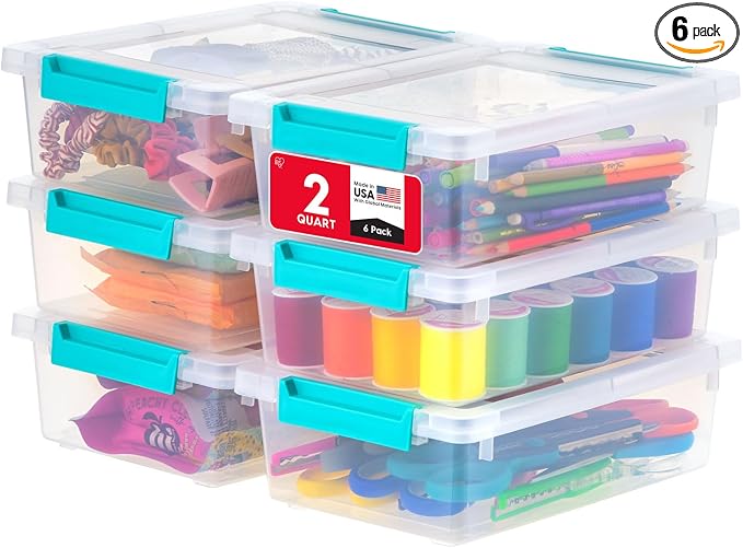 IRIS USA 2 Qt. Craft Storage Bins with Lids, 6-Pack, |Made in USA|, Clip Box, Small Plastic Sensory Bin Tote Organizer Containers for Art Supplies, Paper, & Office, Stackable - Clear/Seafoam Blue