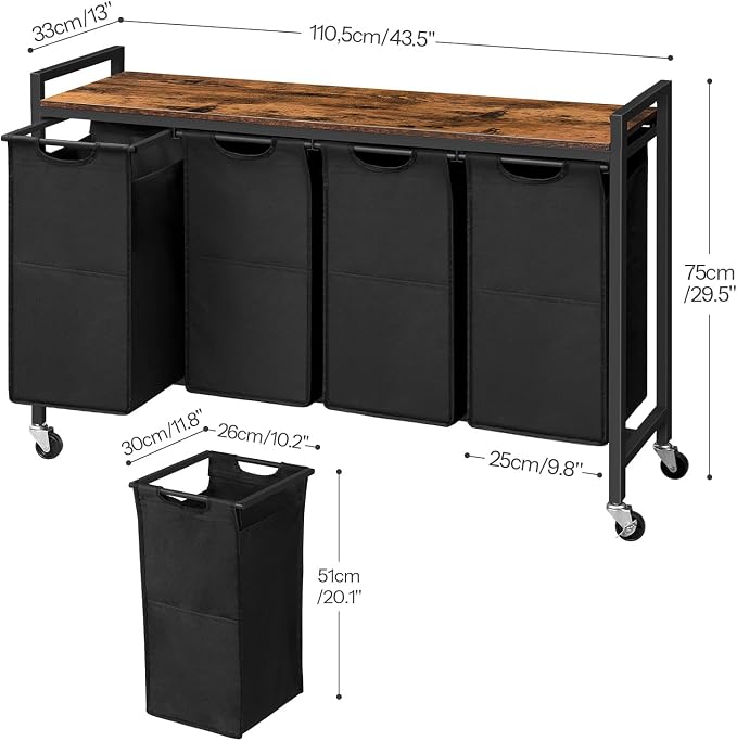 HOOBRO Laundry Sorter 4 Sections, Laundry Hamper with Wheels, 4 × 10.5 Gal (40 L), Rolling Laundry Basket, Pull-Out and Removable Oxford Fabric Bags, Rustic Brown and Black BF04XY01