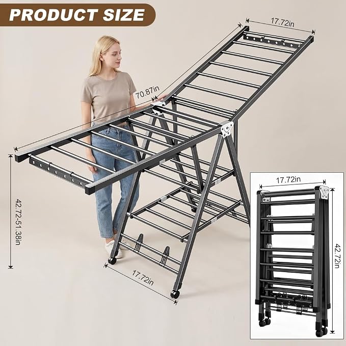 Heavy Duty 3-Tier Clothes Drying Rack with Wheels, Large 5.9ft | Shoe Rack, Foldable Metal Laundry Stand, Portable Collapsible, Clothing Hanger, Indoor Outdoor Use in Laundry Room