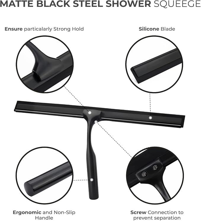 Matte Black Shower Squeegee for Glass Doors with Adhesive Hooks, Squeegee for Shower Glass, Cleaner Tool for Bathroom Household Window Mirror Tile Wall Car, 10 Inch Black