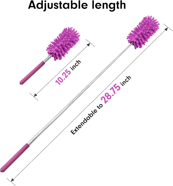 Duster for Cleaning, 10-29" Extension Pole, 2 Washable Heads, Purple | Microfiber Heads, Wet Or Dry, Detachable, Hand Washable, Easy Storage, For Cars, Offices, Windows, Furniture And Ceiling Fans