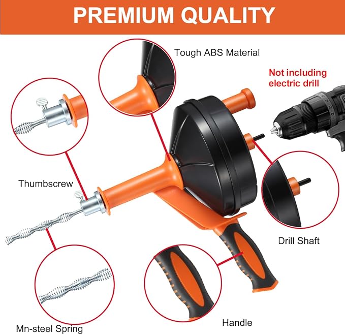 Drain Snake, Drain Auger with Drill Attachment, 25 Feet Plumbing Snake Tool Set Included Drain Clog Remover, Hair Clog Remover ＆ Cleaning Brush for Kitchen, Bathroom and Shower Sink with Gloves