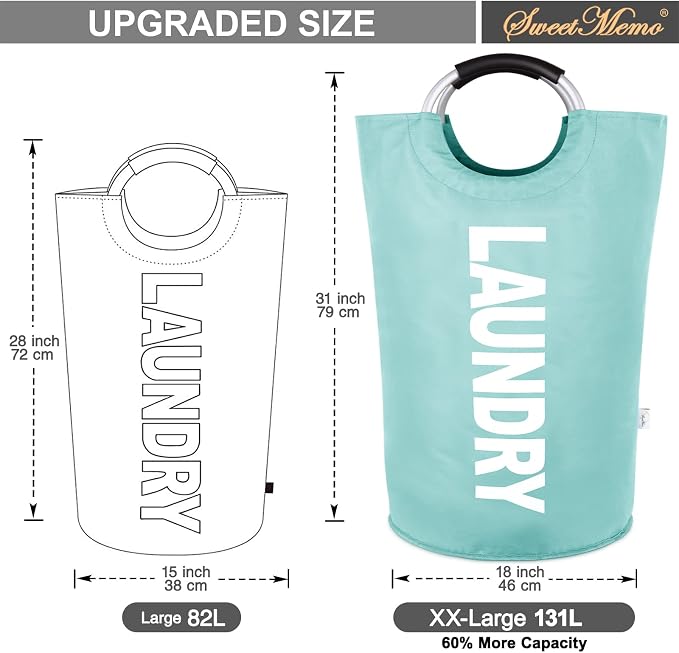 Extra Large Laundry Basket, Big Laundry Hamper Bag Handles, 130L Light Blue | Freestanding Tall Dirty Clothes Hamper, Collapsible and Portable Laundry Bin for Dorms and Bedrooms, Thick, Sturdy Fabric