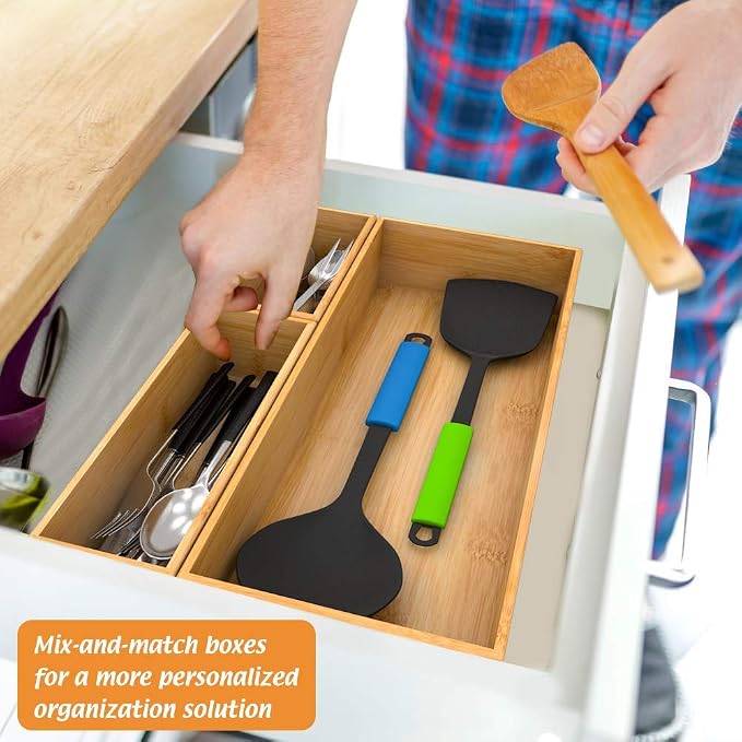 Bamboo Drawer Organizer Utensil Holder for Kitchen, Small Wood Silverware Storage Organizer, Stackable Box Tray for Cutlery, Flatware, Bathroom Caddy for Makeup, Perfume, Jewelry, 6x3x2.5 Inch | Wooden Silverware Tray Cutlery Holder Flatware Containers...