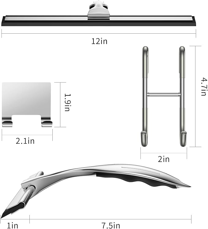 Shower Squeegee for Glass Door 12-Inch Stainless Steel Bathroom Squeegee Window Wiper, Includes Shower Door Hook, Adhesive Hook, and Spare Silicone Blade for Window Mirror Car All-Purpose Squeegee