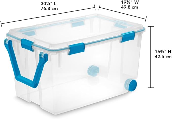 STERILITE 120 QT. Plastic Storage Container with Gasket Latch LID in Clear, 12-Pack | Heavy-Duty, Stackable, and Organizing Containers for Bathroom, Cabinet, Closet, and Garage, Clear and Blue Aquarium Latches