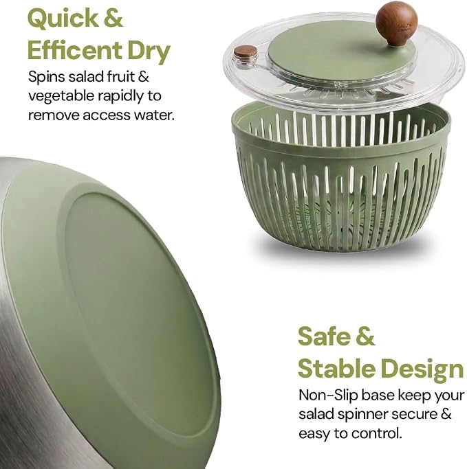 5.3QT Stainless Steel Salad Spinner - Large Salad Spinner with Non-Slip Base, Drain Hole and Stop Button- Dish Washer Safe Vegetable Spinner