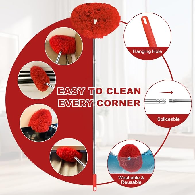 Ceiling Fan Cleaner Duster Reusable Microfiber Ceiling Fan Blade Cleaner Removable Duster with Extension Pole Adjusts 13 to 49.7 Inch for Cleaning Walls Bookshelves Furniture Door Window Top (Red)