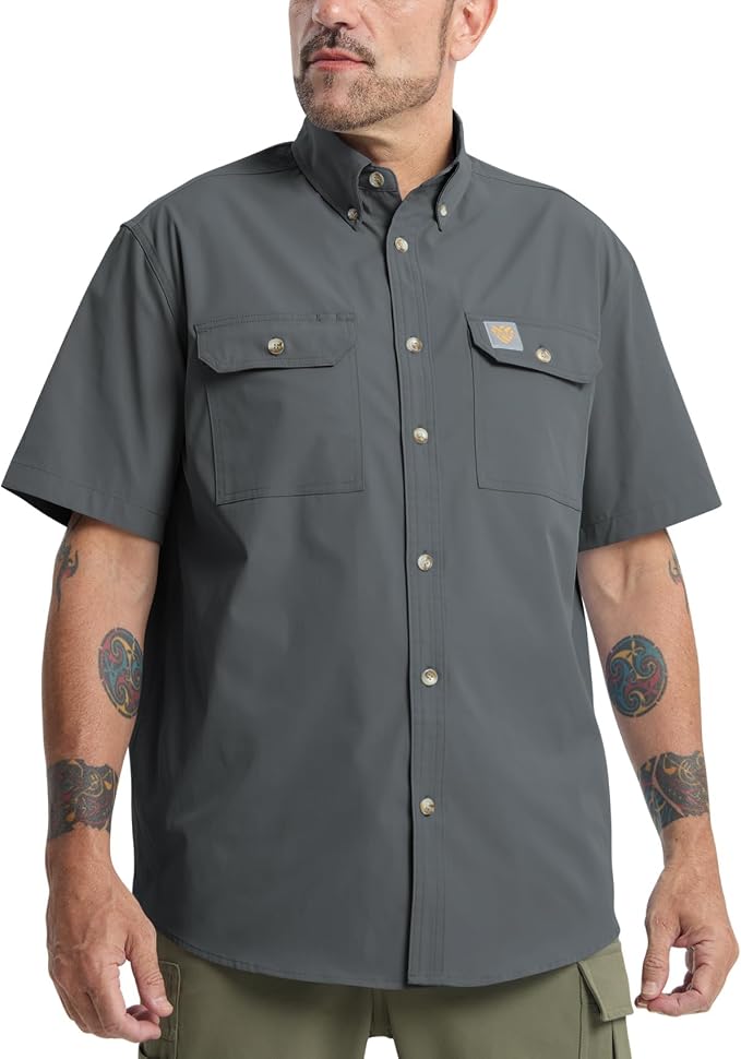 Mens Regular Fit Work Utility Shirt Midweight Short Sleeve Work Wear | Midweight stretch work shirt with reflective trim, 2 secure chest pockets, moisture-wicking comfort, easy-care fabric