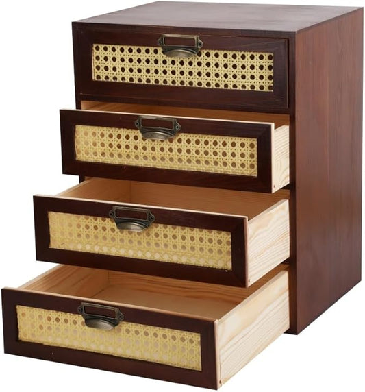 GoooodGIFT Wooden Drawers Large Wooden Box with Drawer, Brown | 4 Drawer Wood Storage Box , Vintage Desktop Organizer with Drawers, Desk Organizers for Library Card Catalog Cabinet