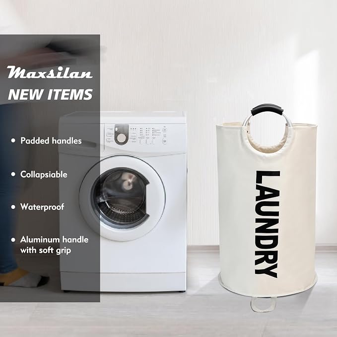 Maxsilan 90L Large Laundry Basket Bag, Collapsible Tall Hamper, Beige | Freestanding tall laundry bag & foldable washing basket. Large capacity clothes storage bin with durable sturdy handles