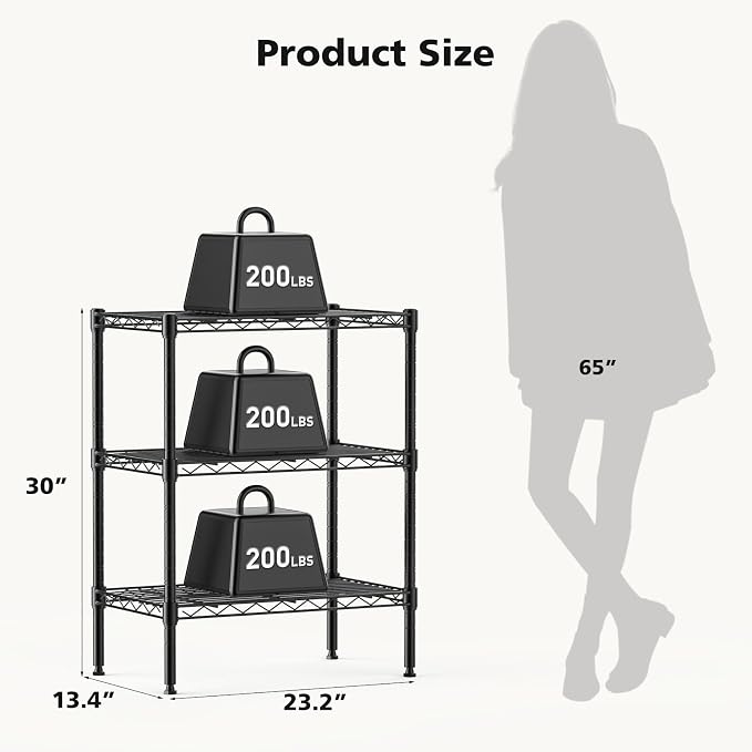 NEWBULIG 3-Tier Metal Wire Storage Shelves, Adjustable Heavy Duty Steel Shelving Unit, Freestanding Storage Rack Organizer for Kitchen, Pantry, Garage, Bathroom, 23.2" W x 13.4" D x 30.3" H, Black
