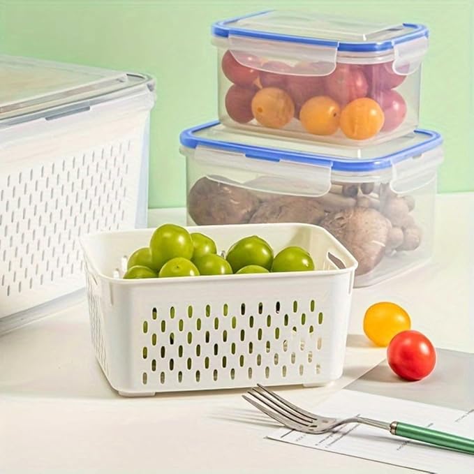 2 Pcs Fruit Storage Containers for Fridge with Removable Colander, Airtight Leakproof Produce Saver Set, Plastic Fridge Organizers for Vegetables, Berries & Meat, Dishwasher Safe