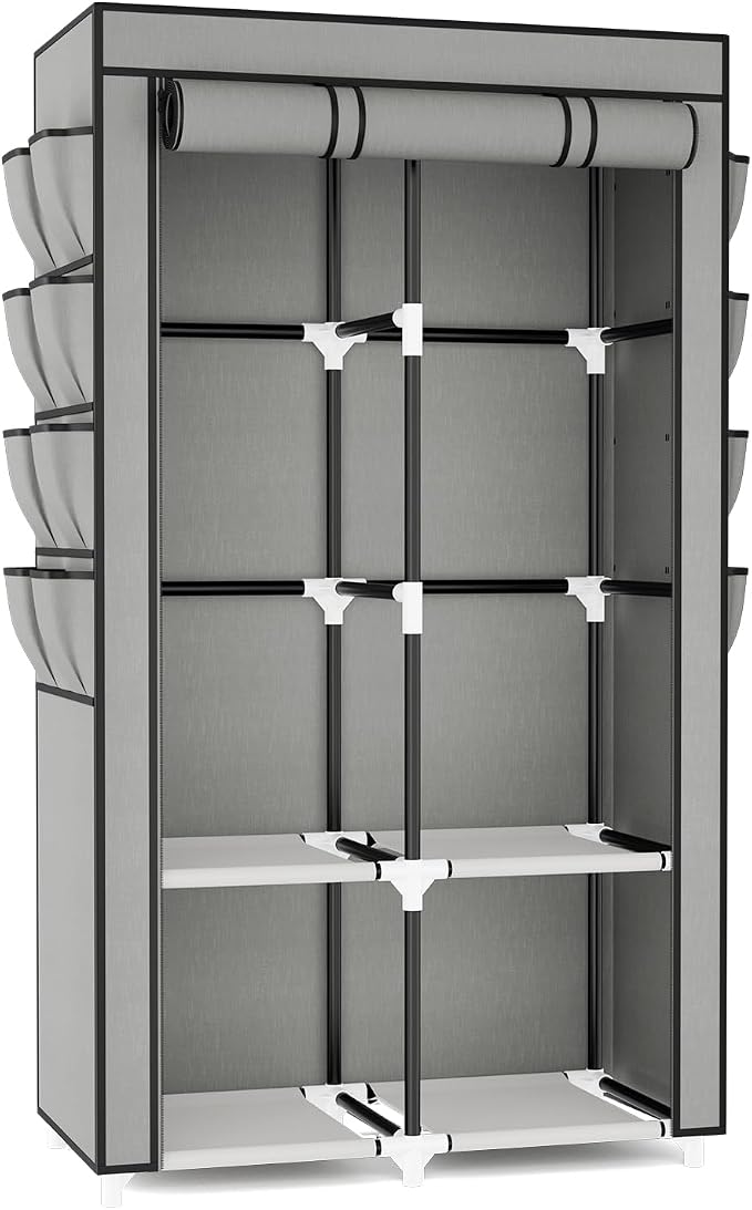 Portable Closet for Hanging Clothes, Portable Wardrobe Closet with Cover, 4 Storage Shelves, 2 Hanging Rods and 8 Side Pockets, Easy Assembly and Sturdy Free Standing Closet for Bedroom, Grey