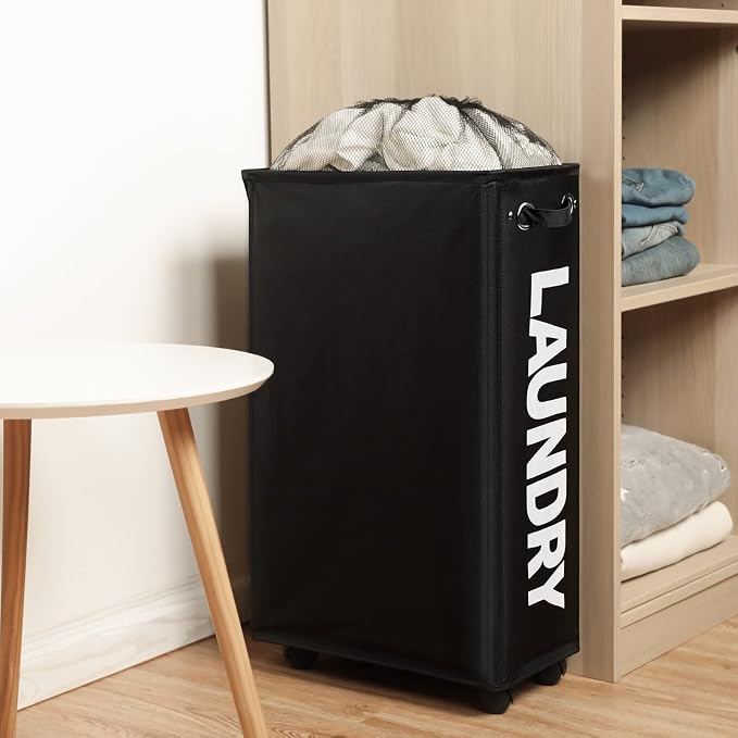 DOKEHOM 29" Enlarged Slim Rolling Laundry Basket Hamper on Wheels, Black | Collapsible tall laundry hamper with removable mesh wash bag. Foldable narrow corner clothes storage bin for small spaces
