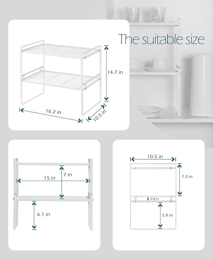 Shantton 2Pack Kitchen Cabinet Shelf Counter Organizer Rack Pantry Storage Bathroom Bedroom Office Table Desk Space Saving Stackable Rust Resistant Non Slip White Wide L16.1in W10.6in H7.3in