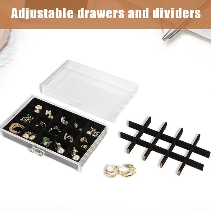 GUOER Earring Organizer, Acrylic Jewelry Box with 5 Drawers for Women,Black | Clear Earring Holder Organizer Box, Stud Earring Ring Display Storage Case Large, Adjustable Velvet Trays Girls Gifts