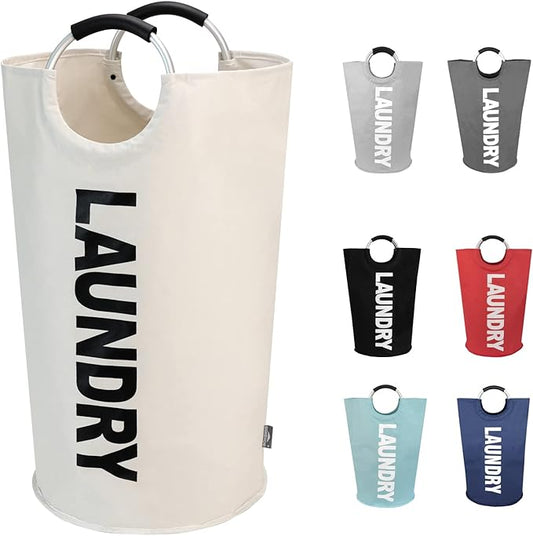 DOKEHOM 90L Large Laundry Basket Bag, Collapsible Tall Hamper, Beige | Freestanding tall washing bin & foldable laundry bag. High-capacity clothes storage basket with durable sturdy handles