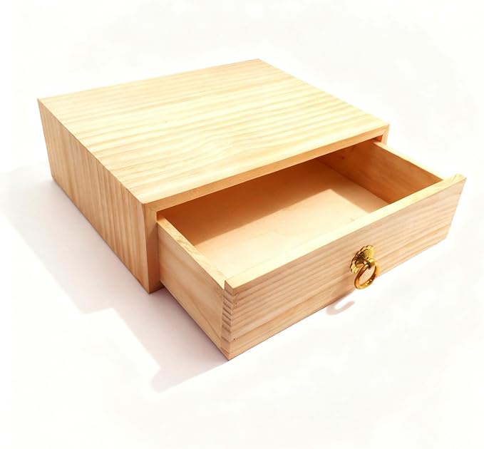 Natural Wooden Storage Box Desk Drawer Single Cabinet Organizer | Wood Office Desk Organizer Countertop Storage Box with Metal Handle for Home School Office Counter Craft Decor (1 Drawer)